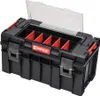 A black tool organizer box with red dividers and a clear lid. Náhled obrázku produktu