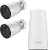 Two white security cameras and a white base station are arranged on a white background. Produktbild-Vorschau