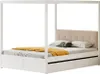 A white canopy bed with a tufted beige headboard, a yellow blanket, and two pillows on a white background. Produktbild-Vorschau