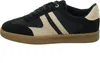 Side view of a black sneaker with gold accents and a tan sole. Voir les images du produit