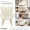 A collage showcasing a cream-colored armchair in different room settings like a living room, dining room, kitchen, and bedroom, with text highlighting its features and brand. Náhled obrázku produktu