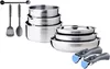 A set of stainless steel cookware with detachable handles and kitchen utensils on a rack. Anteprima dell’immagine prodotto