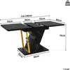 A diagram showing the dimensions of an extendable dining table with a marble effect top and a gold-colored base. Produktbild-Vorschau