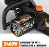 Close-up view of an electric chainsaw motor with a cutaway showing the internal components, and text overlays highlighting its power and durability. Produktbild-Vorschau