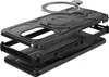 An exploded view of a black protective phone case with a magnetic ring holder. Produktbild-Vorschau