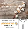 A close-up of cotton bolls on a wooden background, with OEKO-TEX certification details and care symbols. Produktbild-Vorschau