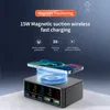 A smartphone is wirelessly charging on a multi-port charging hub, with feature callouts in the background. Produktbild-Vorschau