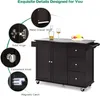 A dark brown kitchen cart with a stainless steel top is shown, with close-up insets highlighting its features. Podgląd zdjęcia produktu