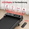 A close-up view of a black treadmill with a digital display and a remote control, set against a backdrop of curtains and overlaid with feature icons and text. Produktbild-Vorschau