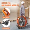 A worker in a warehouse is shown next to an industrial fan, highlighting its mobility features. Anteprima dell’immagine prodotto