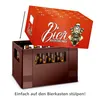A red advent calendar box with a Santa on a motorcycle graphic is being placed on top of a brown beer crate filled with beer bottles. Produktbild-Vorschau