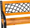 A close-up view of a wooden garden bench with black metal accents. Anteprima dell’immagine prodotto