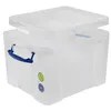 A transparent storage box with blue handles and a lid. Produktbild-Vorschau