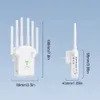 Two views of a white Wi-Fi extender with antennas, showing its dimensions. Produktbild-Vorschau