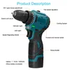 A teal and black cordless drill with labels pointing out its features. Náhled obrázku produktu