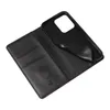 An open black leather flip phone case with card slots and a phone holder. Produktbild-Vorschau
