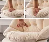 A collage of three images showing hands pressing on a beige cushion, demonstrating its softness and elasticity. Produktbild-Vorschau