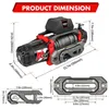Product dimensions diagram for a winch, including measurements for the winch itself, a carabiner, and a mounting plate. Anteprima dell’immagine prodotto