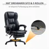 A black office chair with a footrest is shown, with an inset image highlighting the chair's casters and a diagram showing rotation. Náhľad obrázku produktu