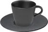A black coffee cup and saucer on a white background. Produktbild-Vorschau