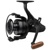 A black fishing reel with a wooden handle is shown against a white background. Podgląd zdjęcia produktu