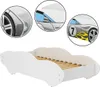 A collage showing a white car-shaped bed for children, with close-up details of a car's wheel, side mirror, and racing graphics with flames and the number 7. Produktbild-Vorschau