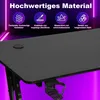Close-up of a black gaming desk with promotional text and icons above it. Produktbild-Vorschau