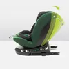 A green and black car seat is shown from the side, with arrows indicating adjustable positions. Produktbild-Vorschau