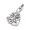 A silver charm shaped like a heart with a tree design and pink and purple stones, set against a white background. Produktbild-Vorschau