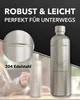 A promotional image for a stainless steel water bottle, showing a close-up of the bottle's texture and a larger view of the bottle with branding. Produktbild-Vorschau