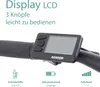 Close-up of an e-bike display unit mounted on handlebars, with accompanying feature icons and text. Produktbild-Vorschau