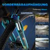 Close-up of an e-bike's front suspension fork with overlay text and inset images of different road types. Produktbild-Vorschau