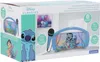 The image shows the retail packaging of a Disney Stitch Bluetooth speaker with a microphone. Voir les images du produit