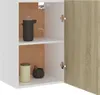 An open white cabinet with a wooden door, showing two shelves with kitchen items. Anteprima dell’immagine prodotto