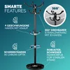 A black coat rack with a marble base, featuring various hooks and a ring for umbrellas. Text highlights its features. Anteprima dell’immagine prodotto