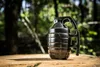 A black hand grenade-shaped mug sits on a wooden surface in a forest. Voir les images du produit