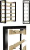 A 3D rendering of a wooden wine rack with a black metal frame, shown from multiple angles. Produktbild-Vorschau