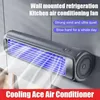 A wall-mounted air conditioning fan with blue light emitting from the vents, mounted on a tiled wall. Anteprima dell’immagine prodotto