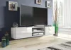 A modern living room with a wall-mounted TV stand and a large television. Produktbild-Vorschau