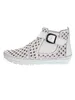 A white women's bootie with a perforated design and a buckle strap. Produktbild-Vorschau