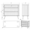 Technical drawings and an isometric view of a chest of drawers, showing dimensions and design details. Produktbild-Vorschau