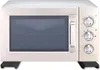 A front view of a silver microwave oven with a dark gray door and black feet, set against a light gray background. Produktbild-Vorschau
