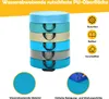A stack of colorful round cushions with handles, accompanied by icons and text describing product features. Podgląd zdjęcia produktu