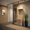 A modern hallway with a wooden wardrobe, a mirror, a rug, and a snake plant. Voir les images du produit