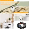 Collage of images showing a portable mini washing machine for underwear in various settings, including being placed on a washing machine, on a bathroom counter, and inside a travel bag. Produktbild-Vorschau