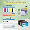 An illustration showing printer ink cartridges and a printer with a person using it, along with informational graphics about ink levels and compatibility. Produktbild-Vorschau