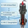 A submersible aquarium heater with a thermometer display, surrounded by a blue, watery background with ripple effects. Text boxes highlight key features. Produktbild-Vorschau