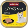 A square tin of cat food for kittens, featuring a white kitten and a portion of the food on a plate. Produktbild-Vorschau