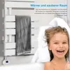 A young girl is smiling in a bathtub next to a white towel rack. Voir les images du produit