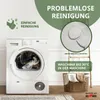 A washing machine and a laundry basket are shown in a clean, well-lit room, with marketing text overlayed. Produktbild-Vorschau